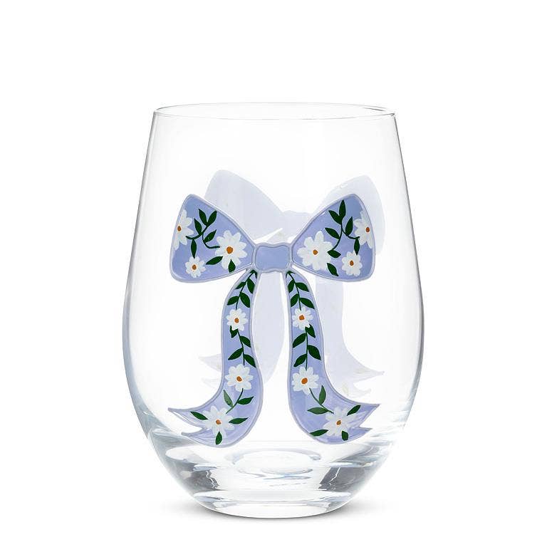 Stemless Wine Glass with Floral Bow- Blue