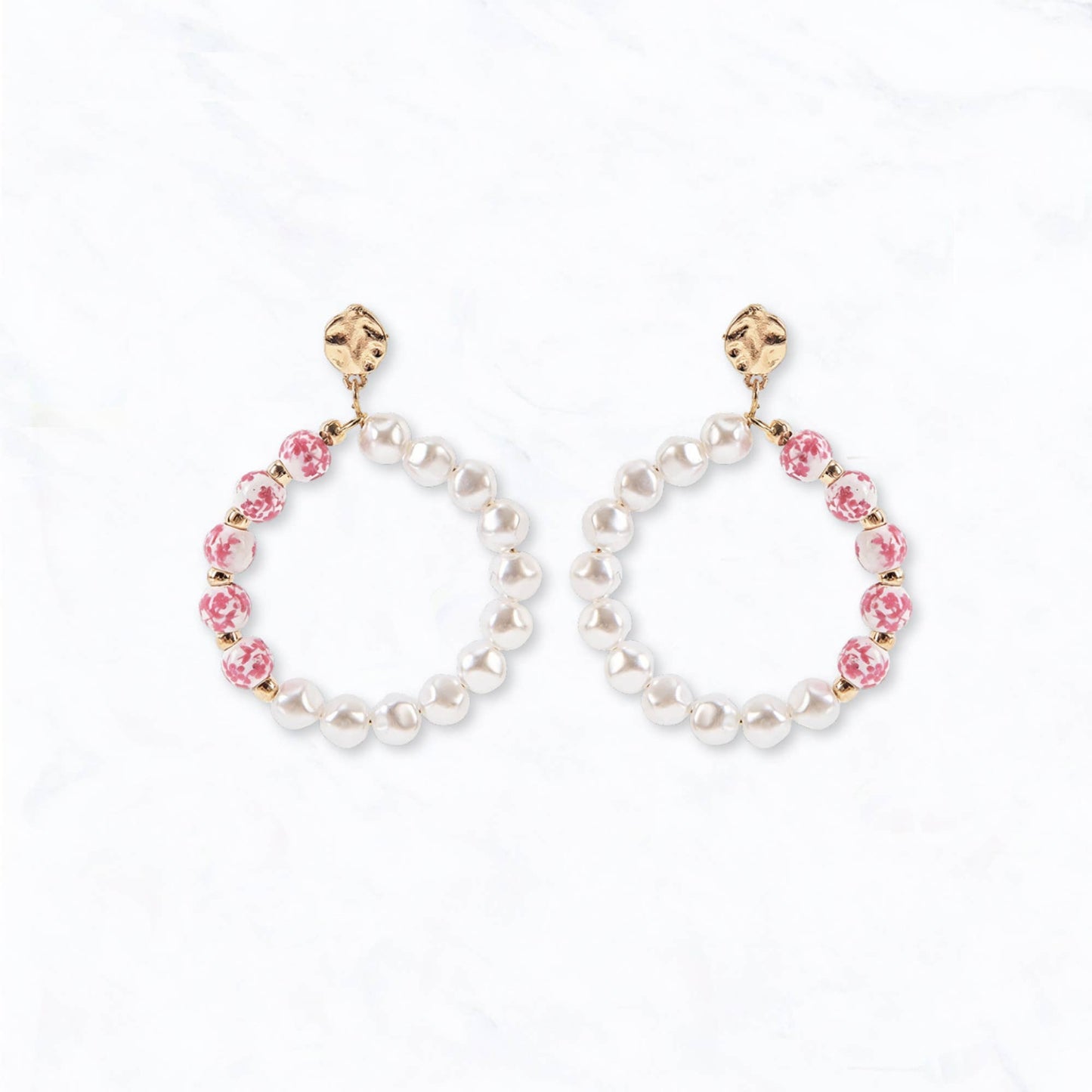 Gold Tone Porcelain & Pearl Beaded Hoop Earrings: Pink