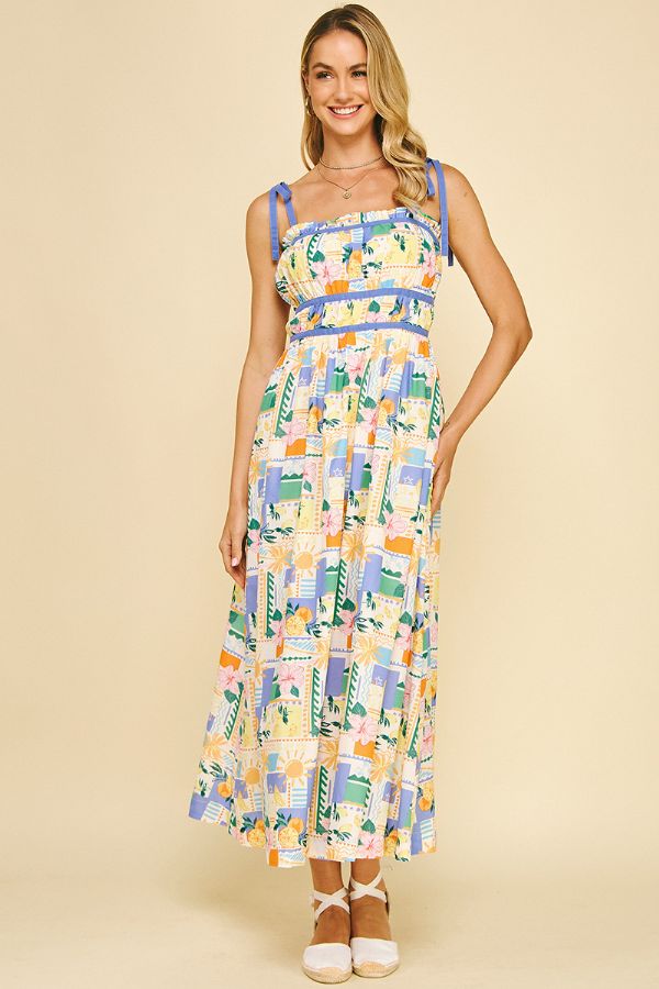 Print Self-Tie Sleeve Maxi Dress in Yellow Multi