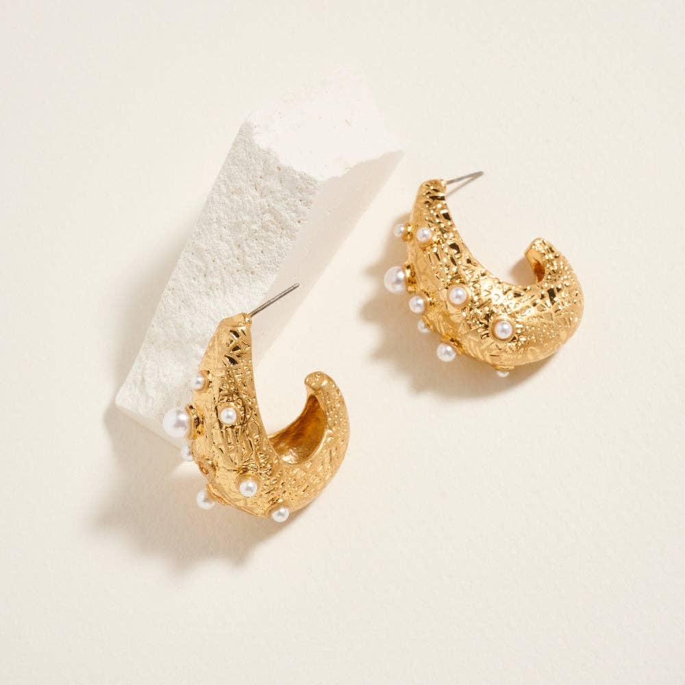 Teardrop Puff Textured Pearl Hoop Post Earrings: Vintage Gold / ONE