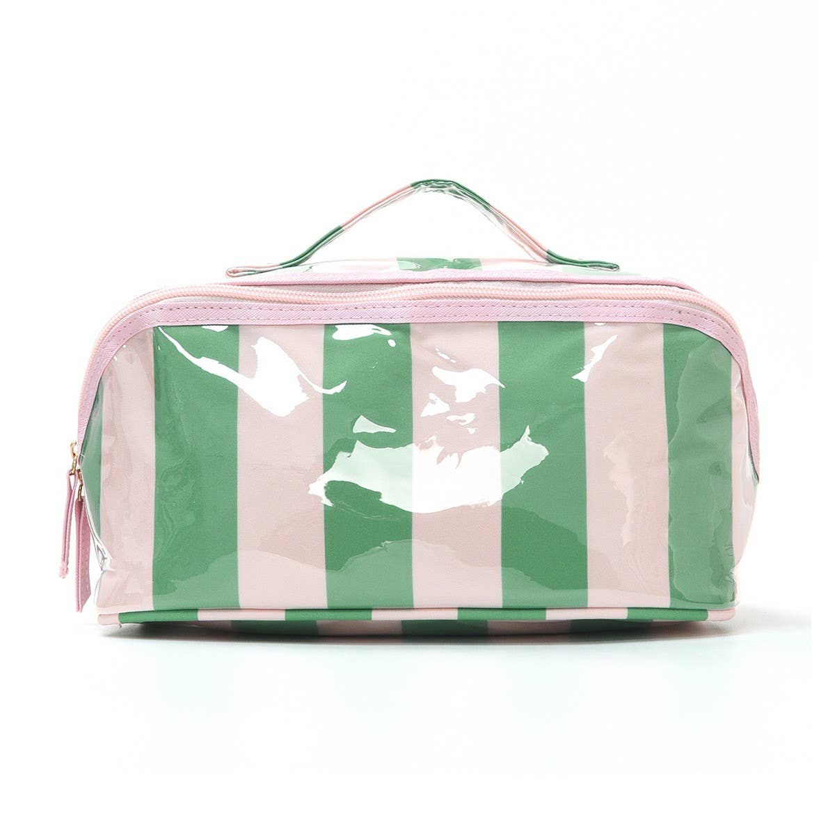 Checker Striped Open Flat Cosmetic Makeup Pouch |Pink Green