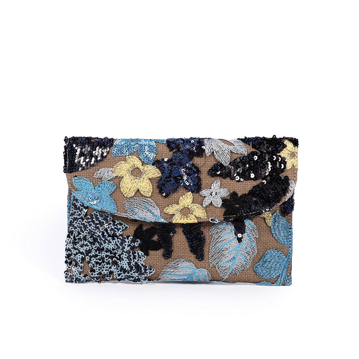 Floral Leaf Embroidered Sequin Clutch: Dark Blue