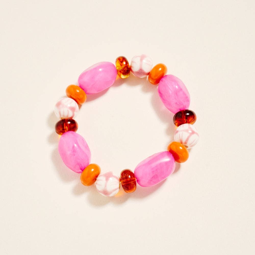 7.25 Inch Marbled Floral Ceramic Bead Bracelet: Fuchsia / ONE