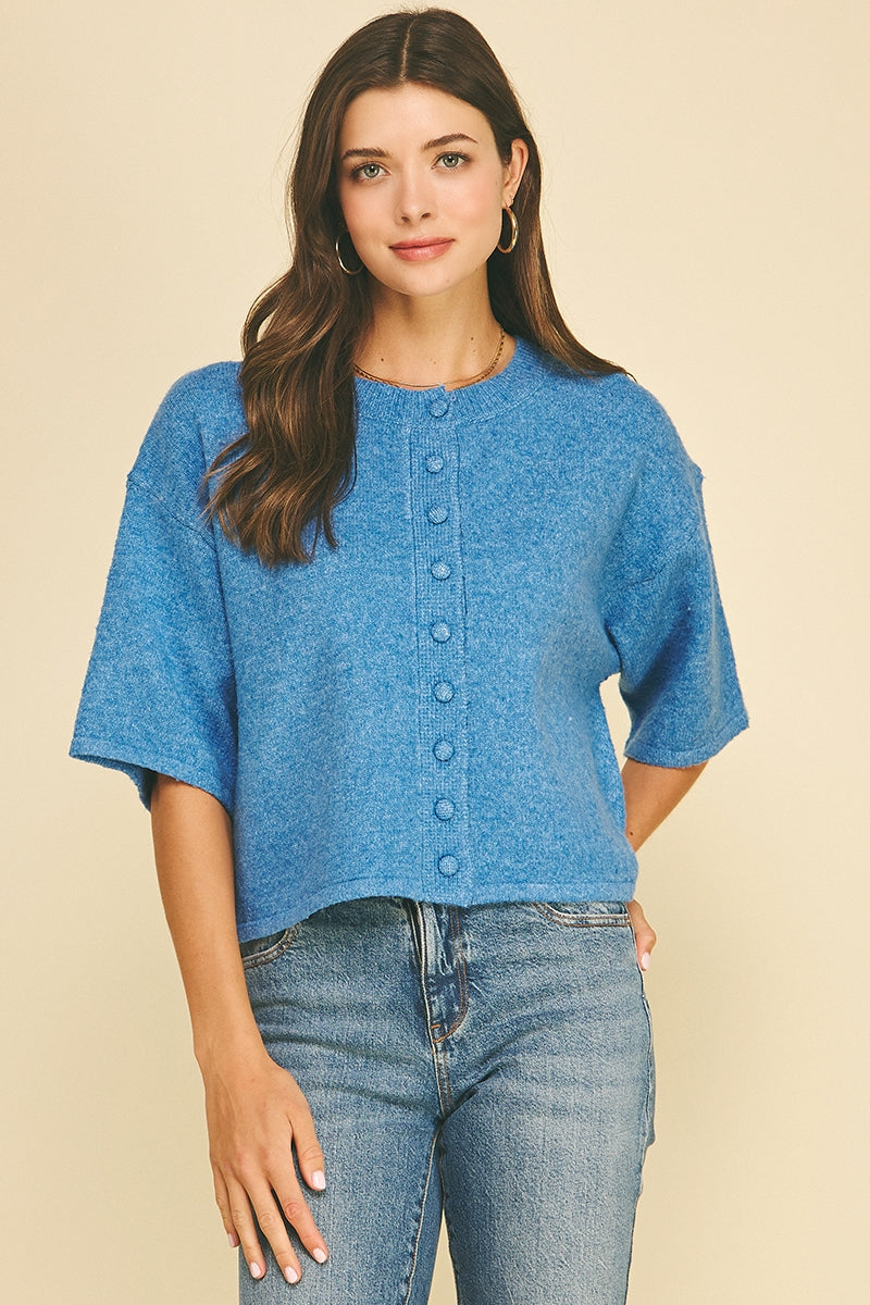 Button Down Short Sleeve Sweater in Urban Blue