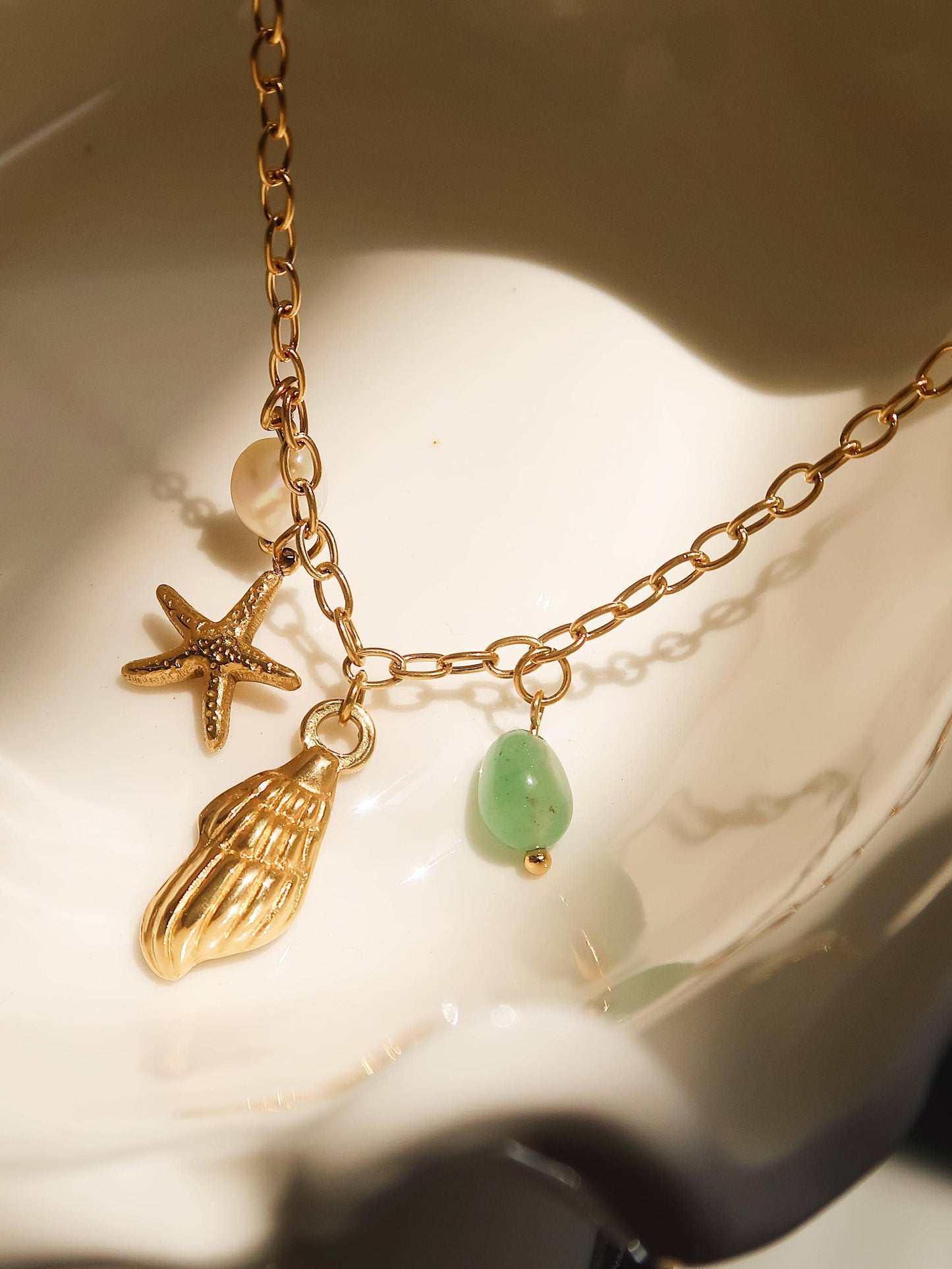 Bonbon 18K Gold Non-Tarnish Pearl and Shell Charm Necklace: Yellow Gold