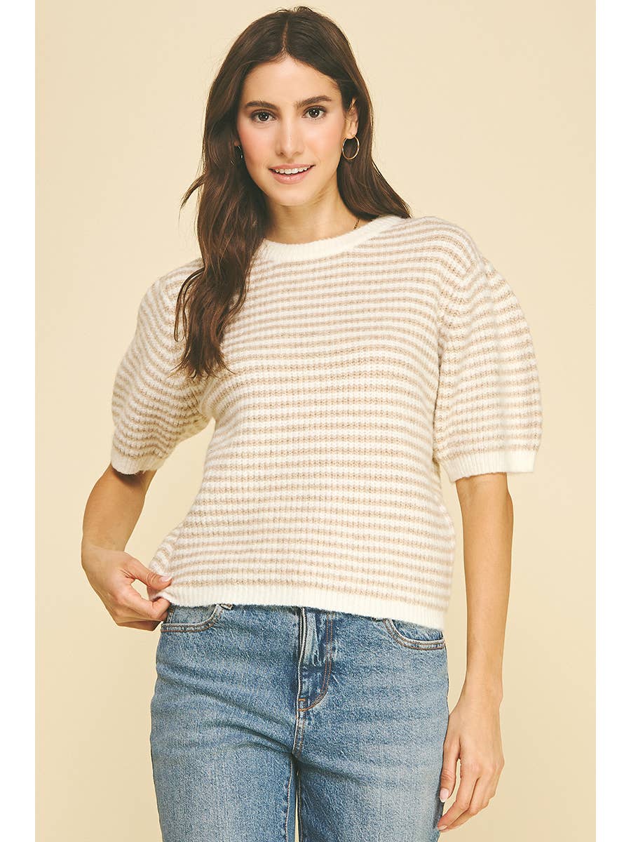 Striped Puff Sleeve Sweater in Beige/Ivory