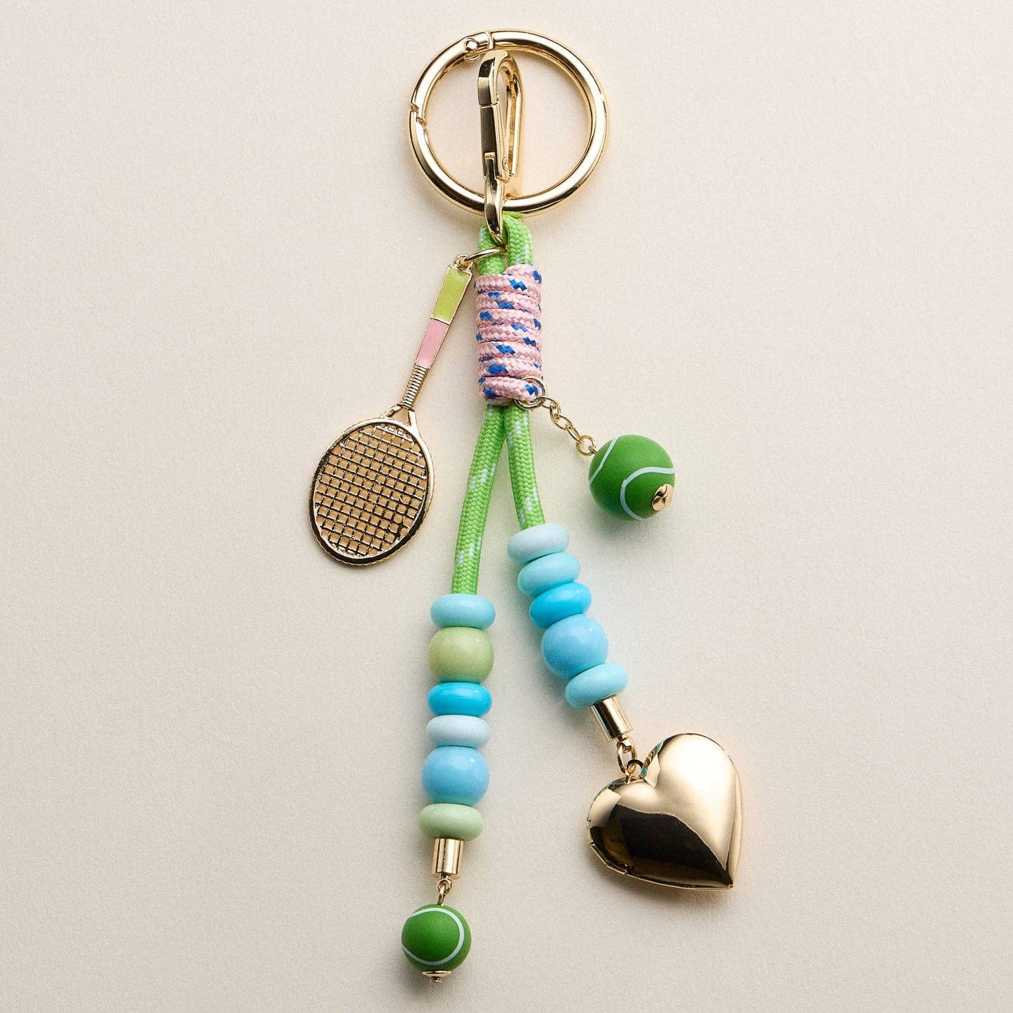 Tennis Charm Beaded Keychain with Heart Locket – Colorful Bead & Racket Bag Charm: GR / ONE