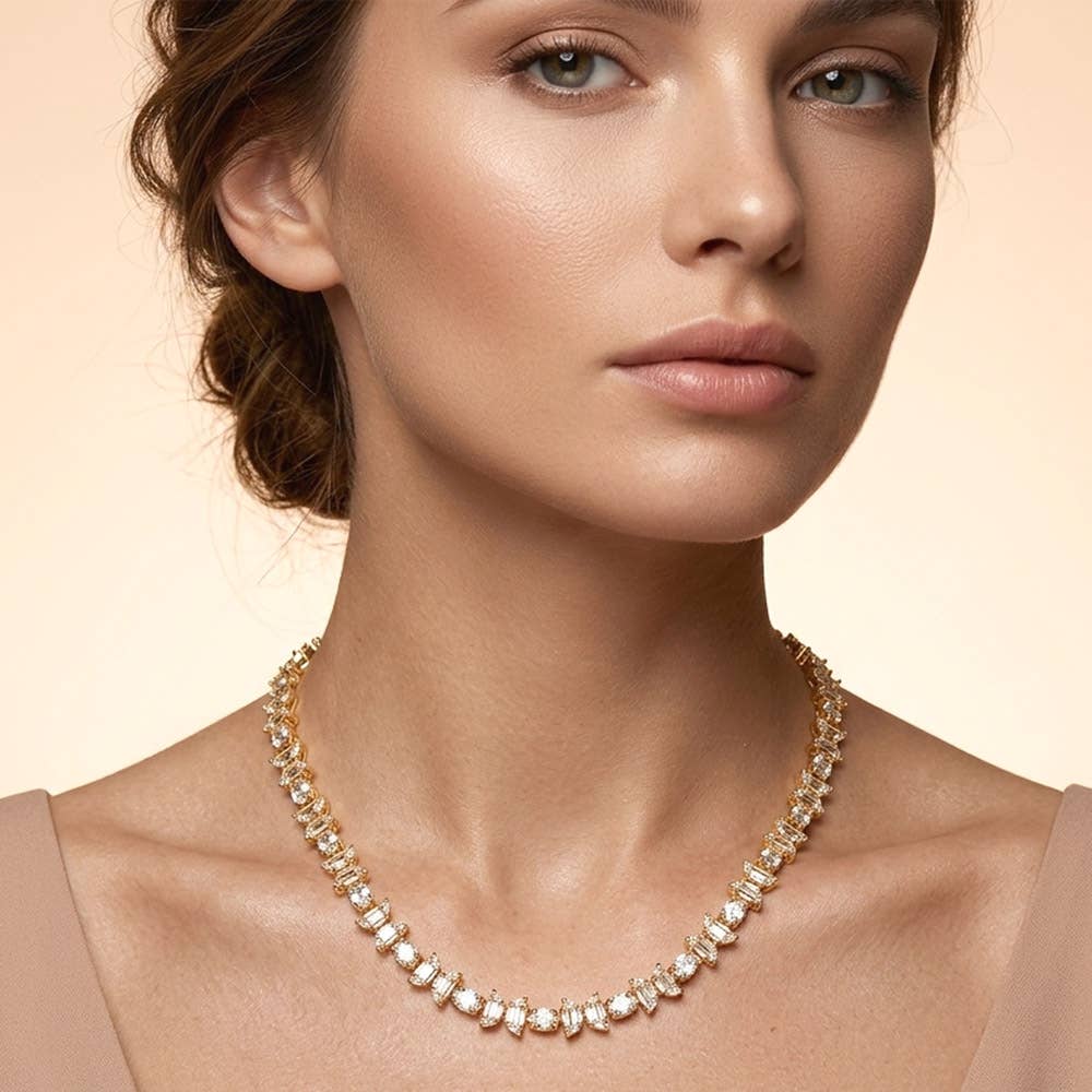 18K Gold Dipped Half Moon Round Stone Cluster Link Tennis Chain Necklace: Clear,Gold