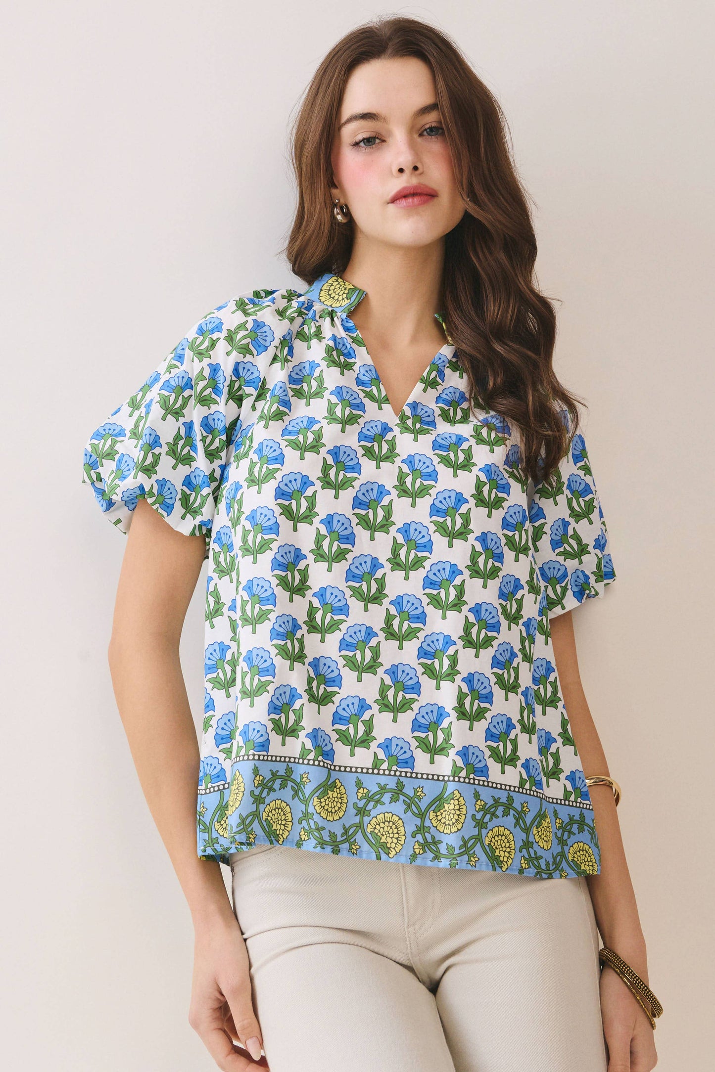 Floral Print Bubble Sleeves Split Neckline Top