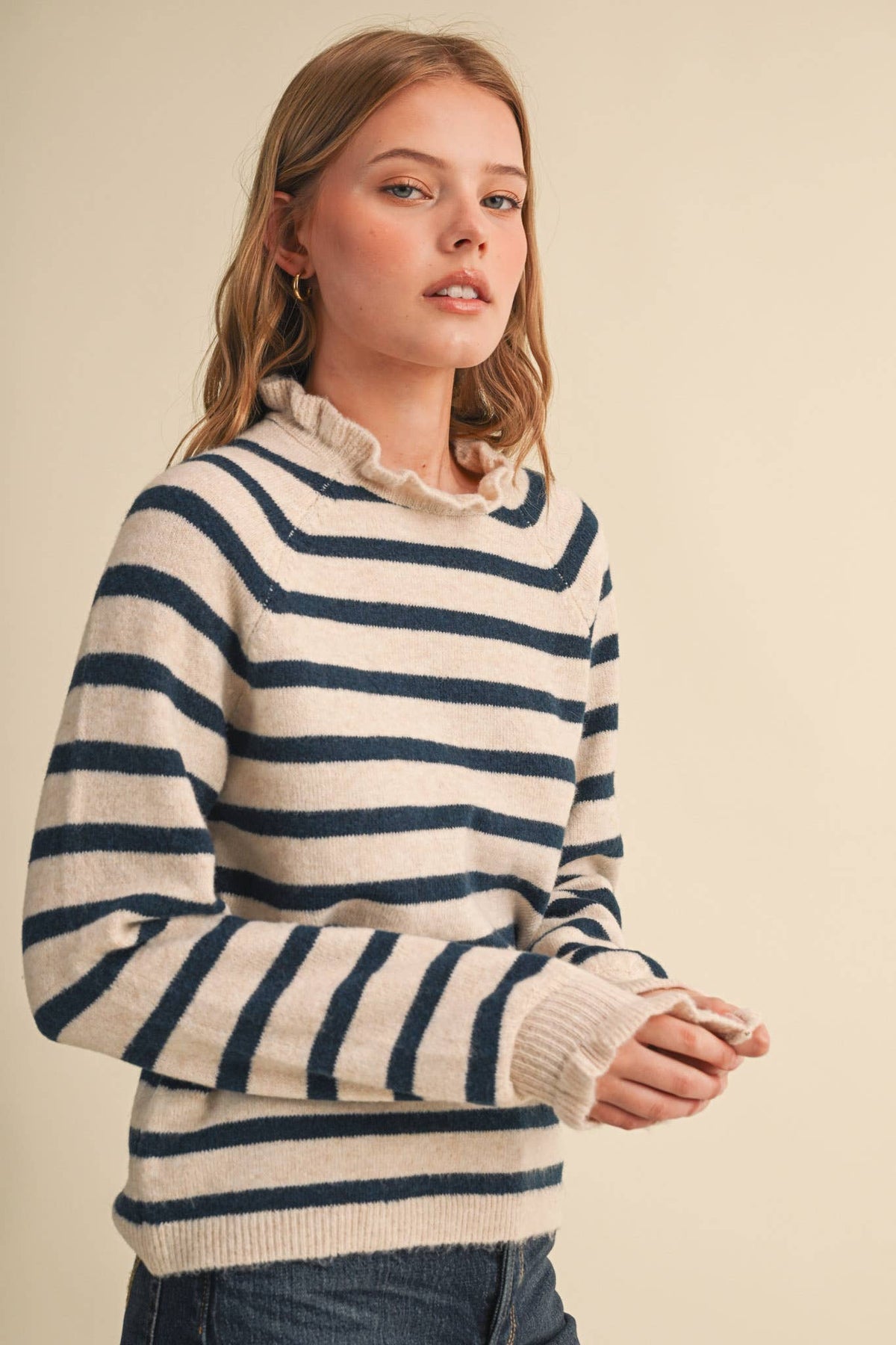 Ruffled Striped Sweater: Oat Teal