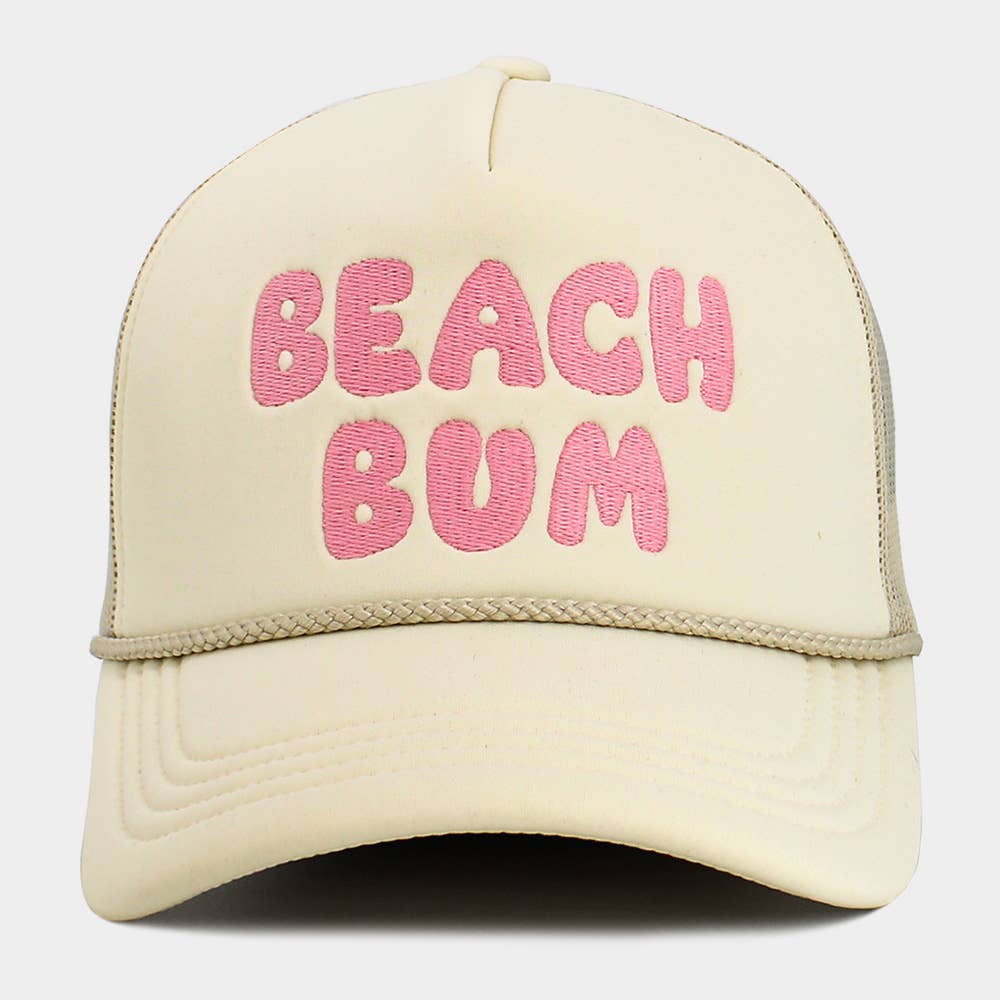 BEACH BUM Message Embroidered Mesh Back Trucker Hat
: Beige