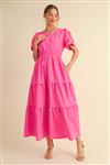 Embroidery Cut-out Sleeves Tiered Maxi Dress in Hot Pink