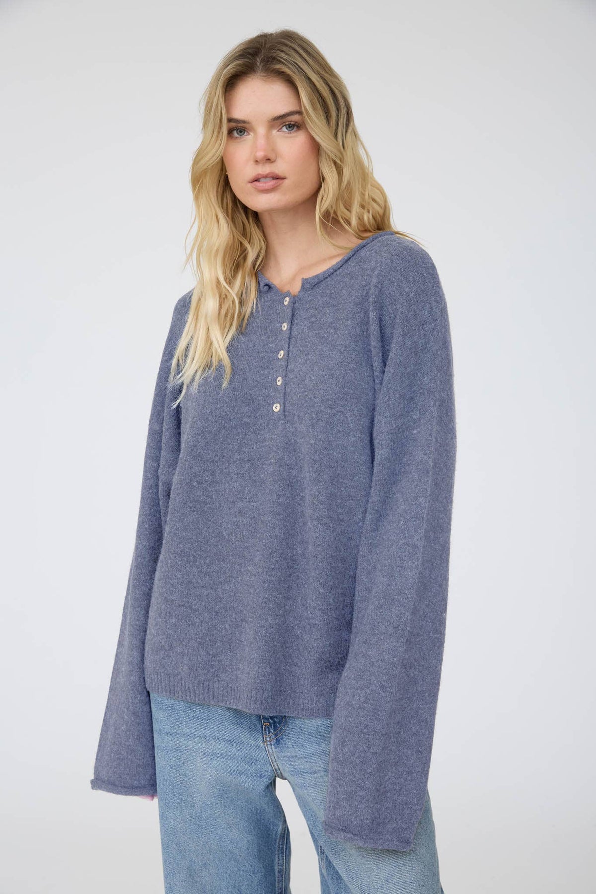 Raw Rolled Edge Henley Relaxed Pullover Sweater: Denim