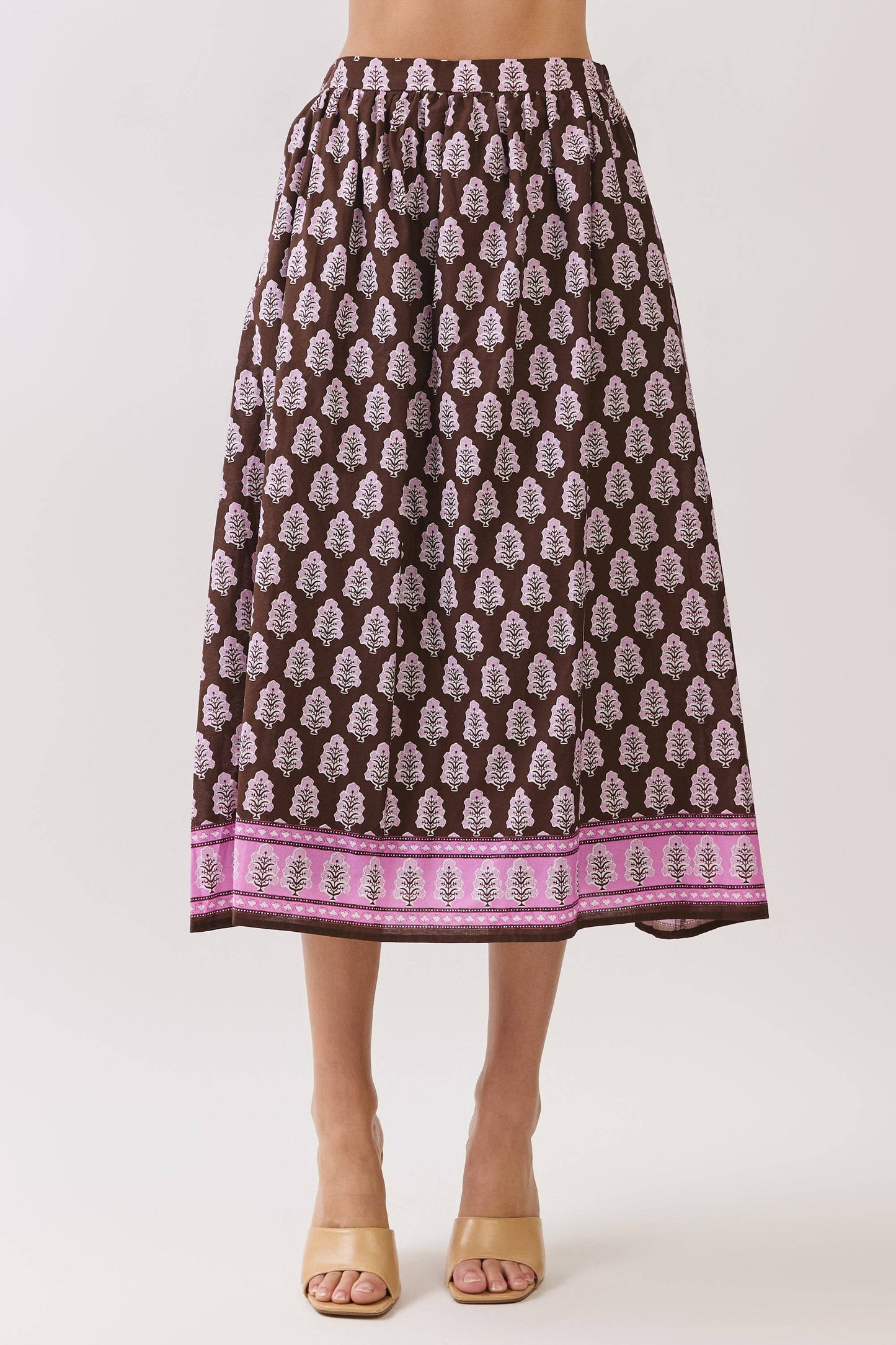 Border Print Elastic Back Waistband Midi Skirt