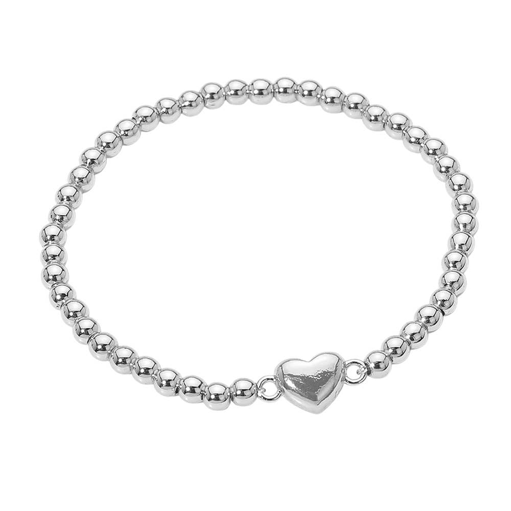 Stainless Steel Heart Charm Beaded Stretch Bracelet: Silver