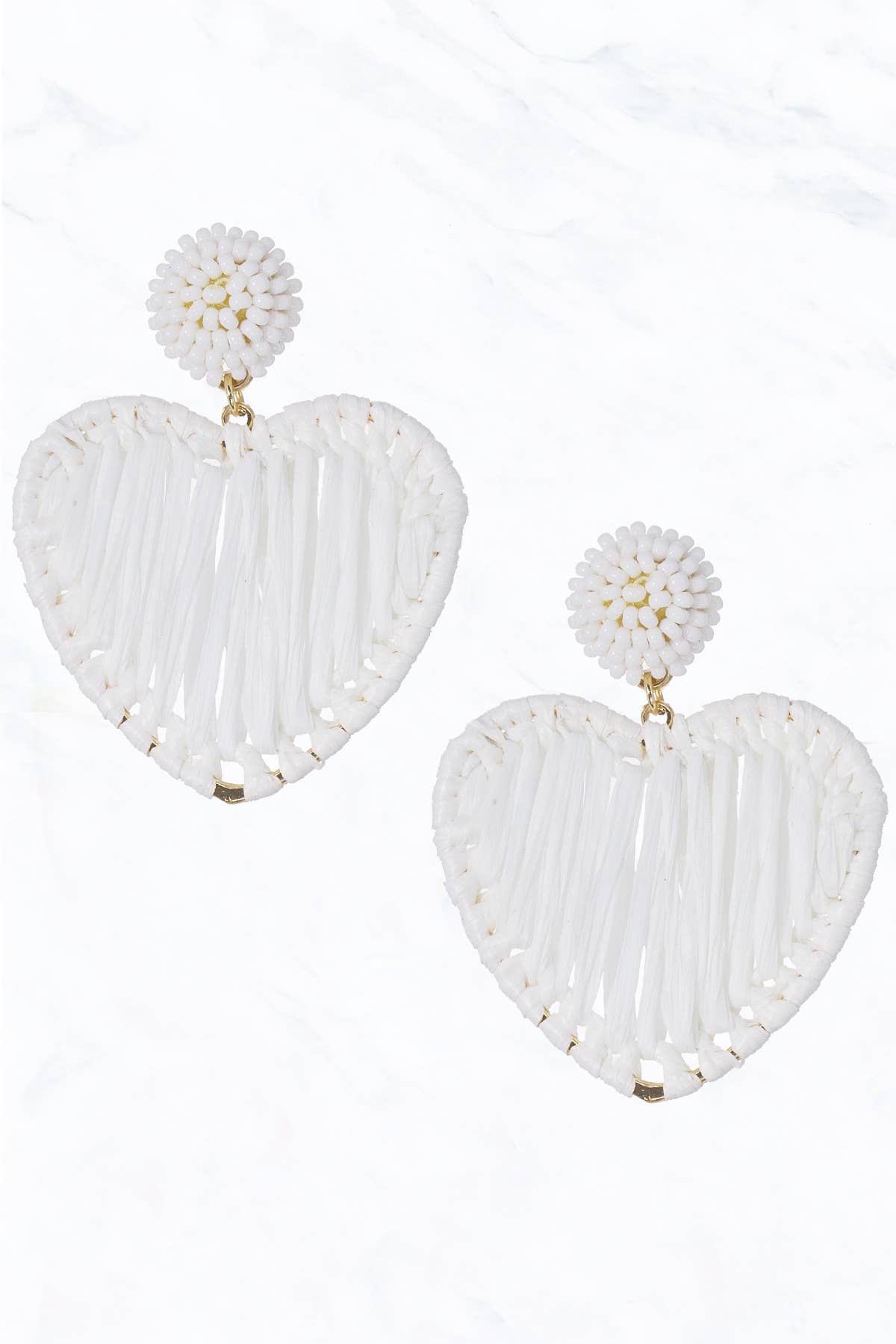 Colorful Raffia Wrapped Heart Post Dangle Earrings: White