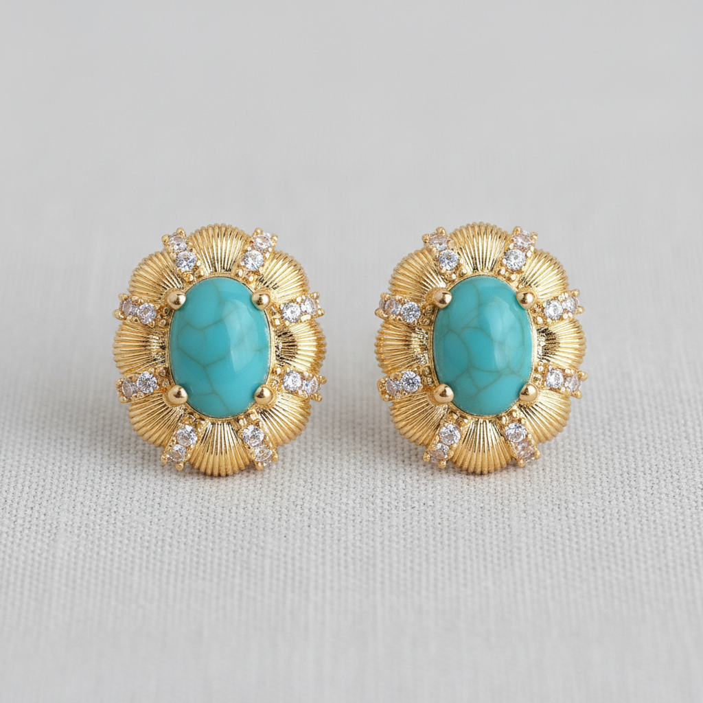 Vintage Oval Turquoise Zircon Stud Earrings