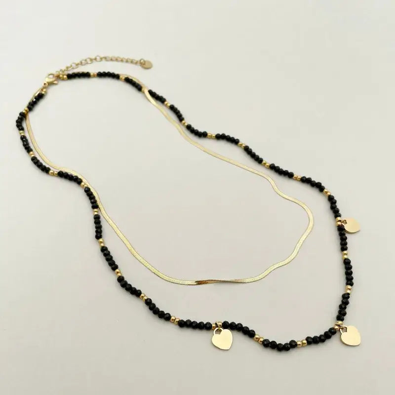 Double Layer Beaded Necklace with Hearts Non-Tarnish Steel: Black
