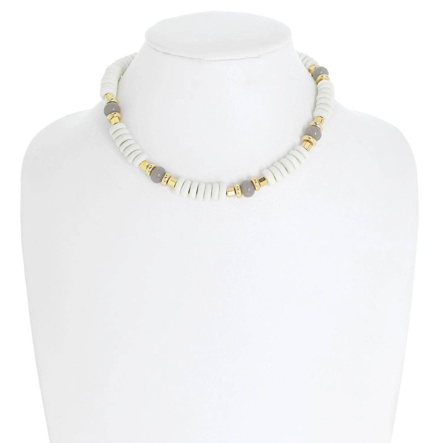 2 Tone Disc Beaded Bohemian Adjustable Collar Necklace: Ivory