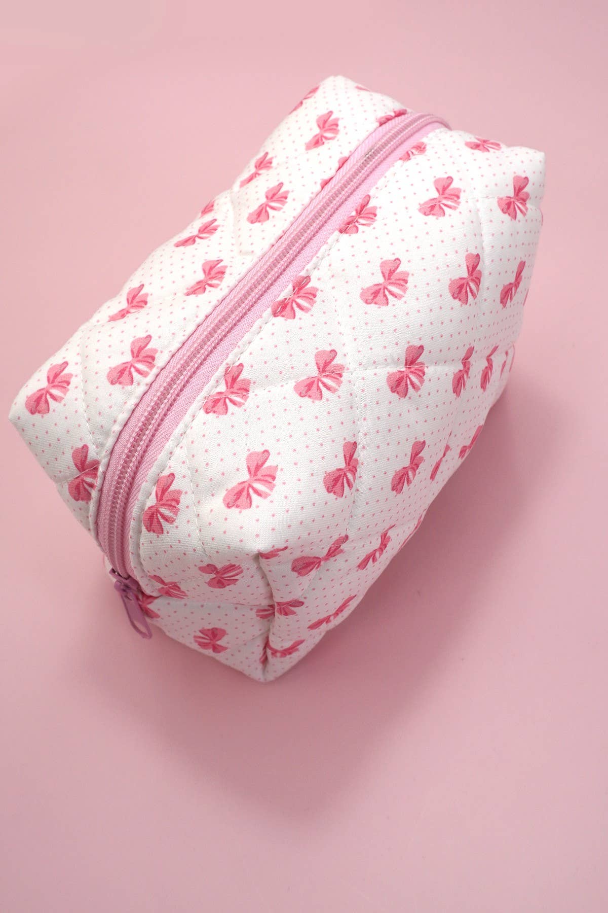 Quilted Cotton Bow Cosmetic Pouch Bag |Bow B Pink