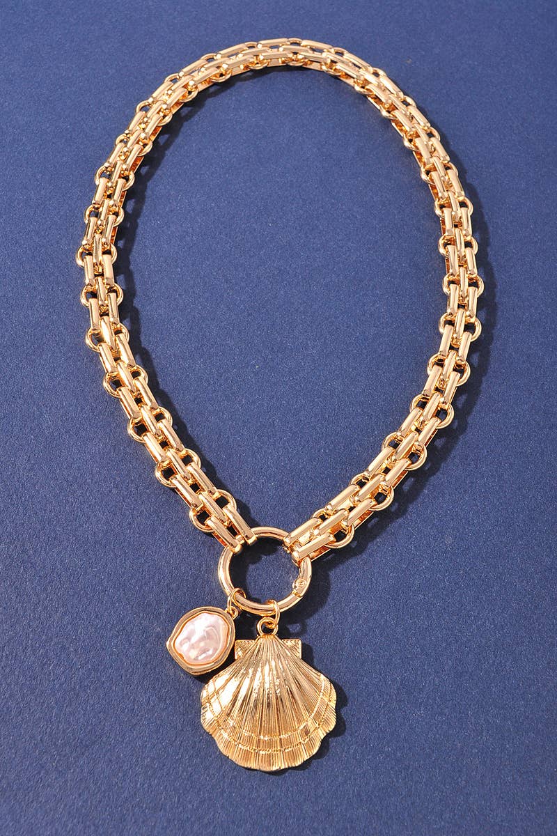 SHELL PEARL CHARM DOUBLE CHAIN NECKLACE: Gold Cream