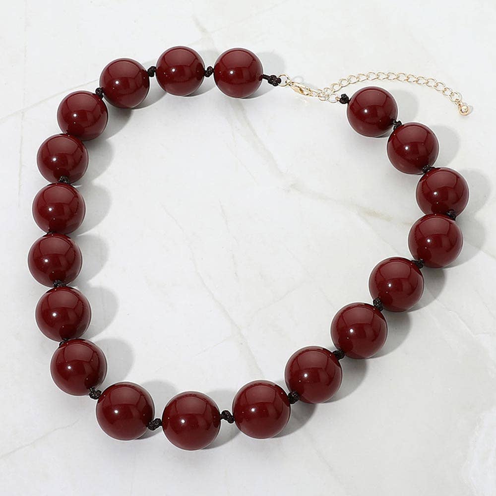 SECRET BOX_Chunky Round Beaded Statement Necklace: Burgundy