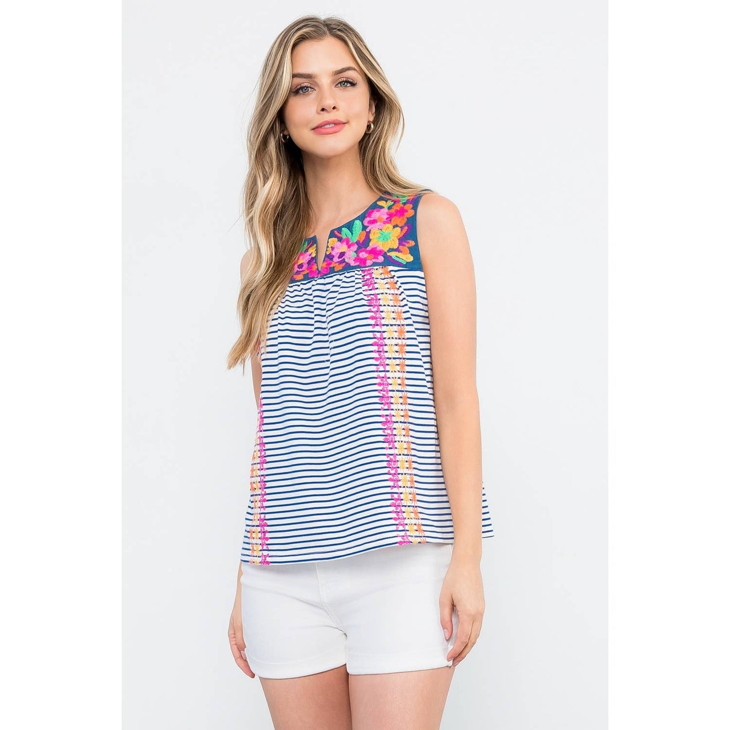 Stripe Embroidered Top: Blue