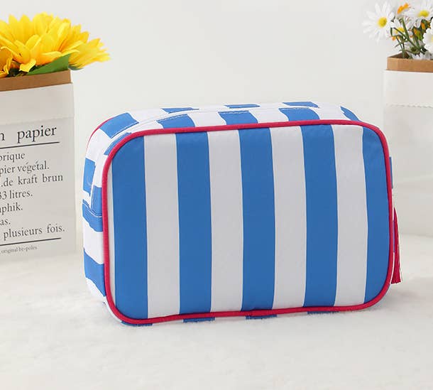 Color-Blocked Striped Cosmetic Bag Tassel Zipper Makeup Bag: Navyblue / M