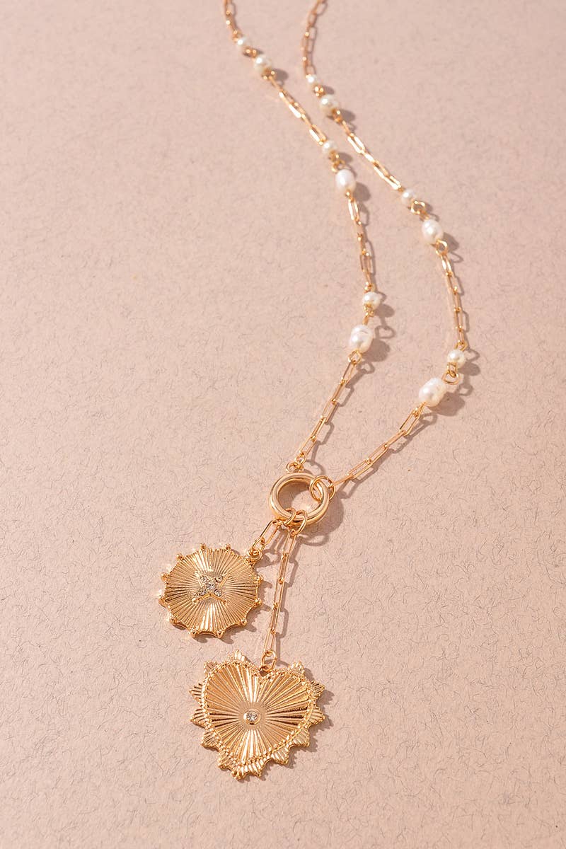 HEART SHAPE ROUND METAL TEXTURED CHARM NECKLACE: Gold Cream