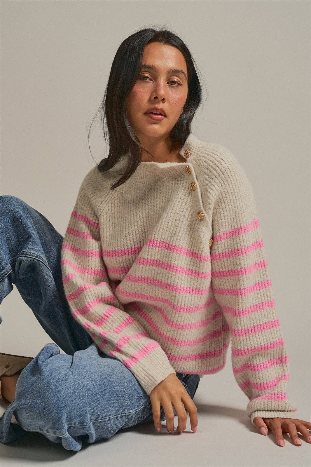 Striped Mock Neck Sweater with Gold Buttons: Pink Beige