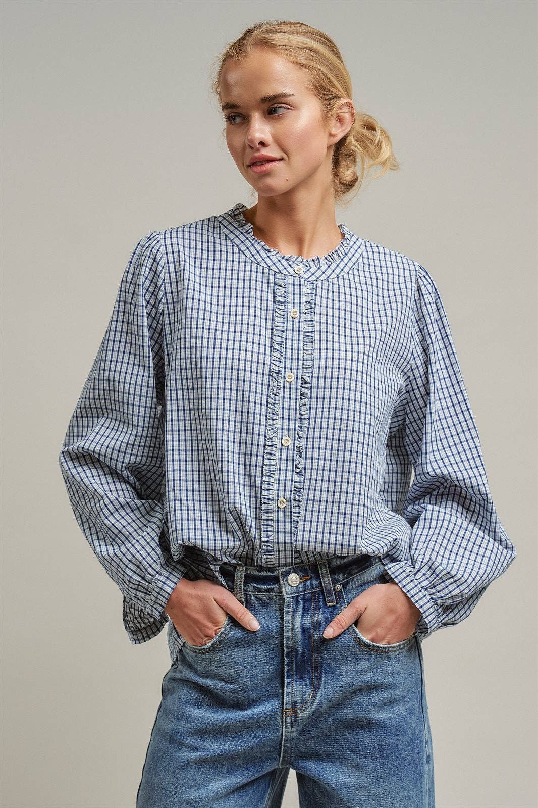 Navy Windowpane Check Ruffle Placket Cotton Blouse: Blue