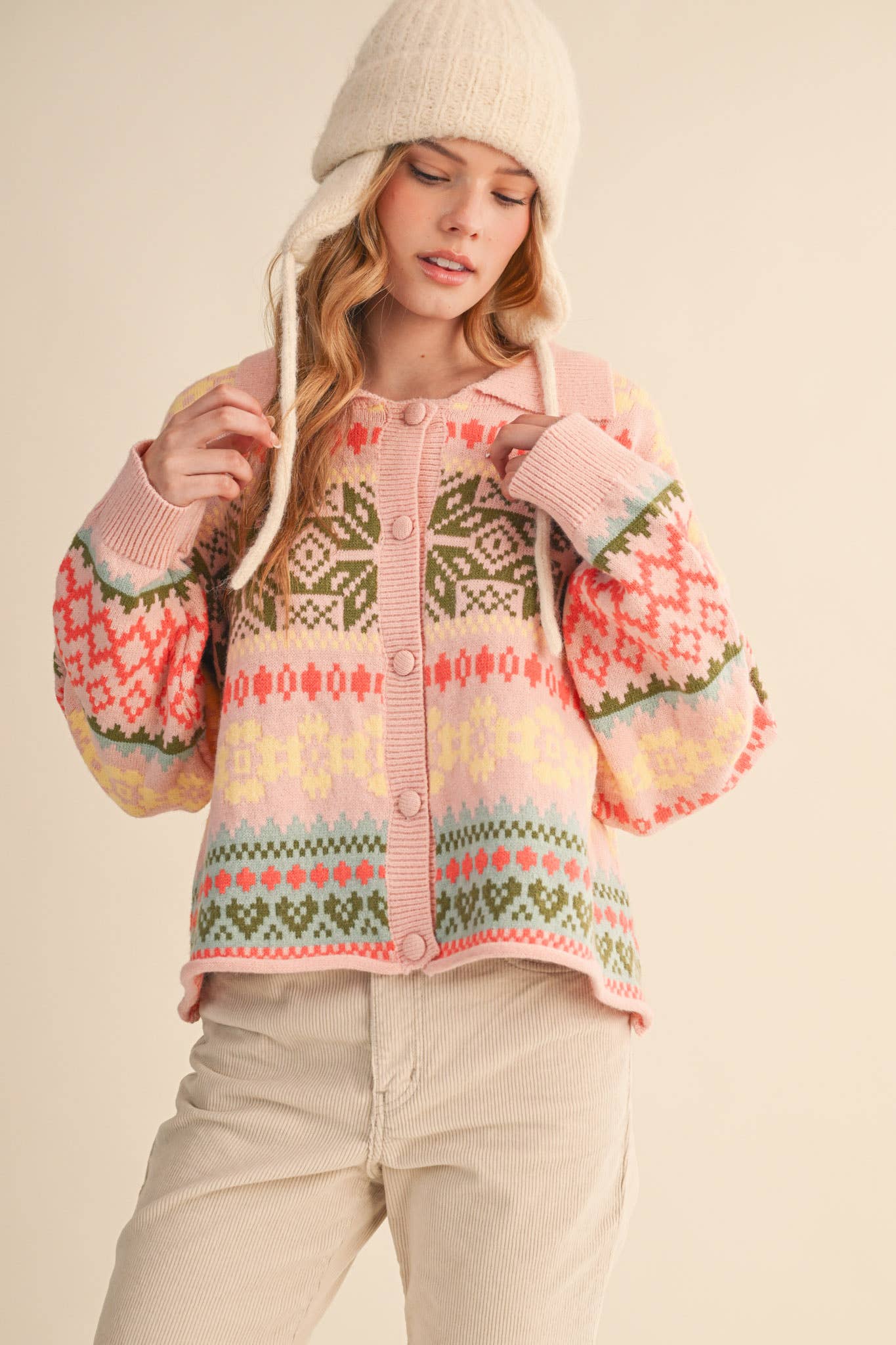 Fair Isle Sweater Cardigan: Blush Pink Multi