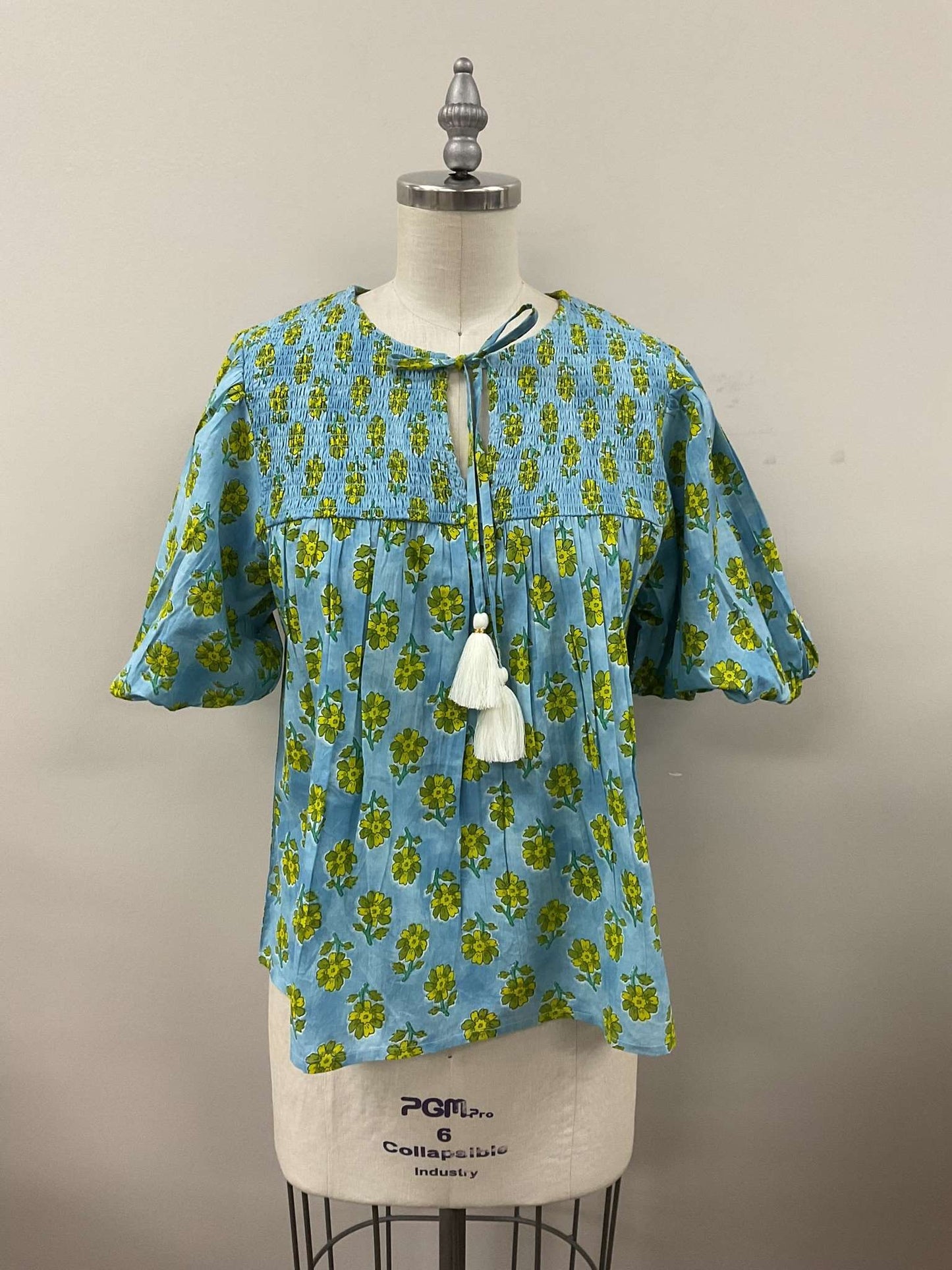 Puff Sleeve Flower Tassel Tie Top in Blue