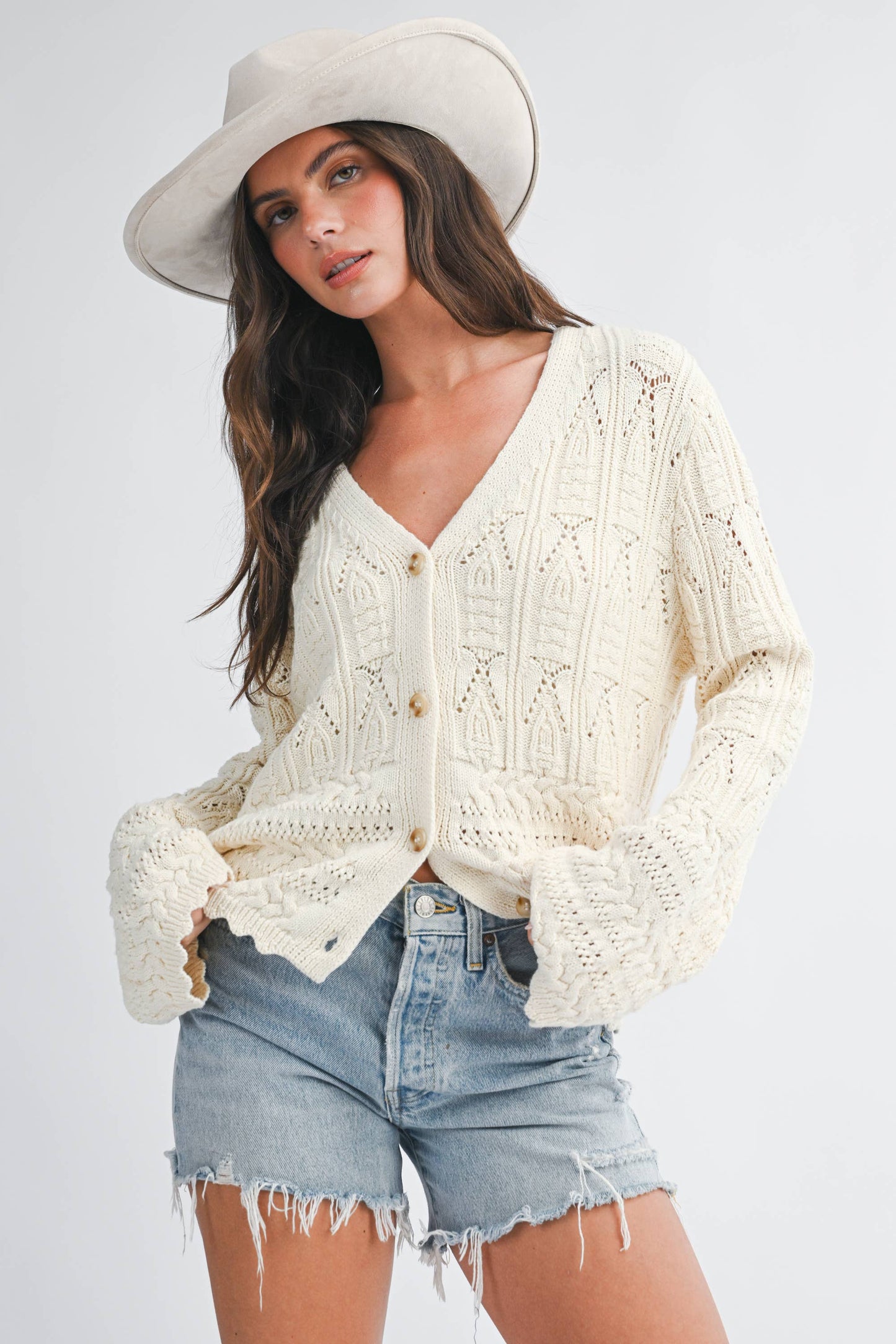 Textured Pointelle Button Front Cardigan Top: Natural / Contemporary