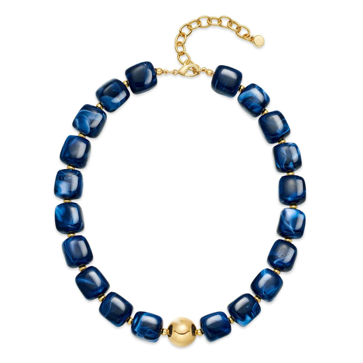 Women Square Resin Bead Necklace With Gold Ball Detail: Deep_Blue / M
