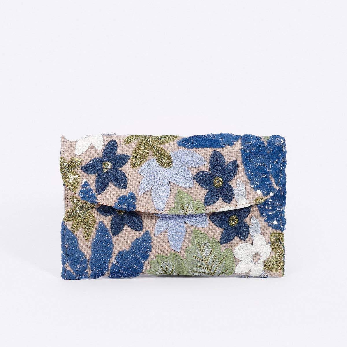 Floral Leaf Embroidered Sequin Clutch: Light Blue