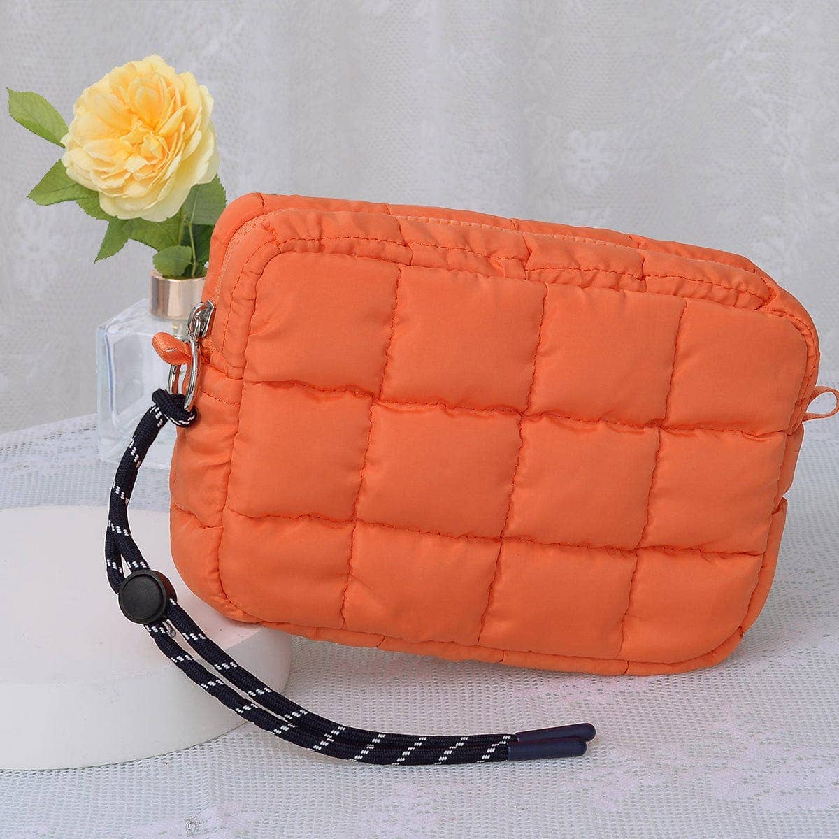 Nylon Quilted Puffer Clutch/Pouch: Orange