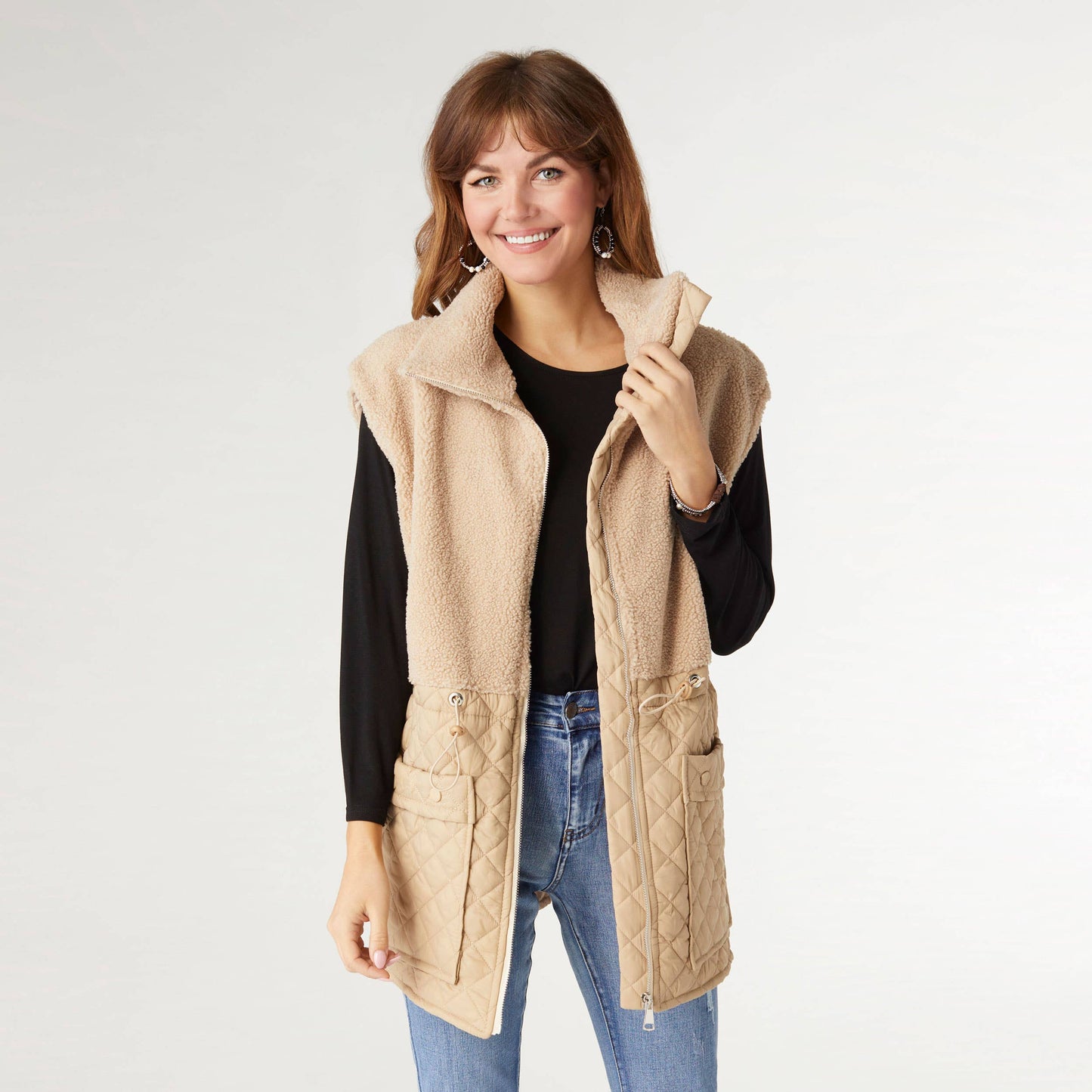 Tipper Mixed Sherpa Quilted Nylon Vest - Fall: Khaki