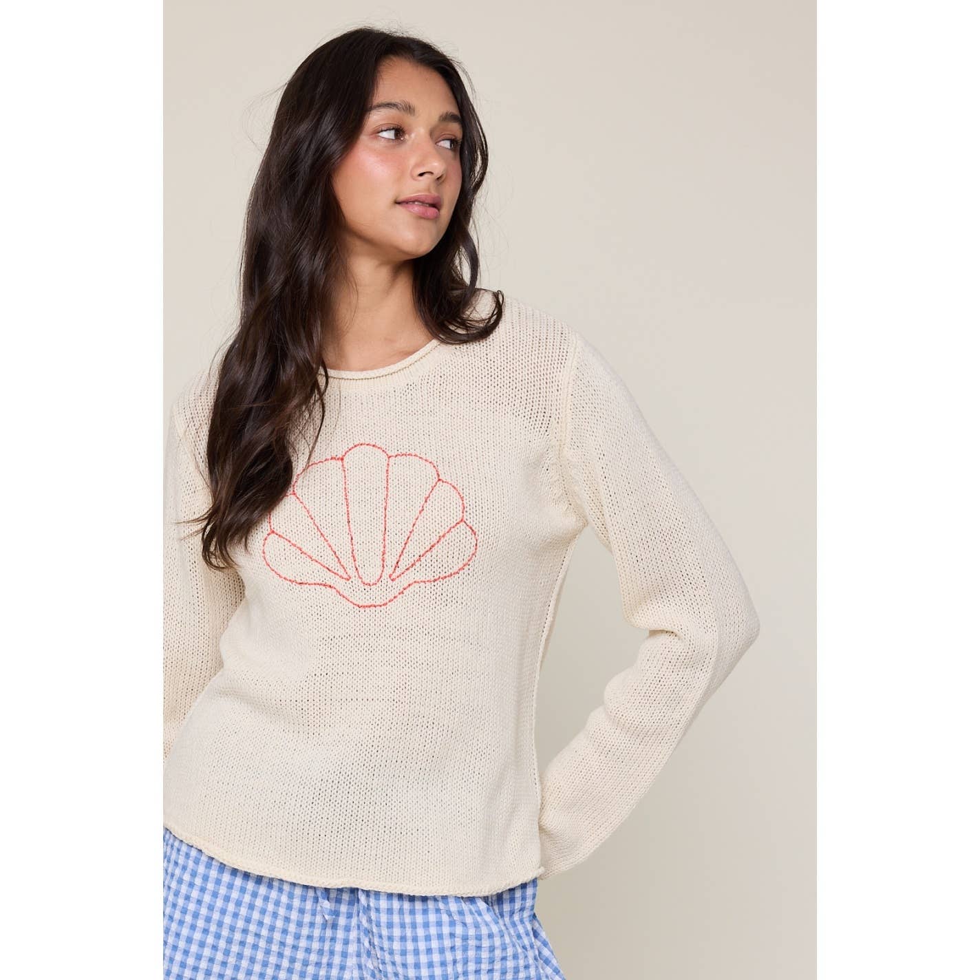 Seashell' Embroidered Sweater / Sand/Coral