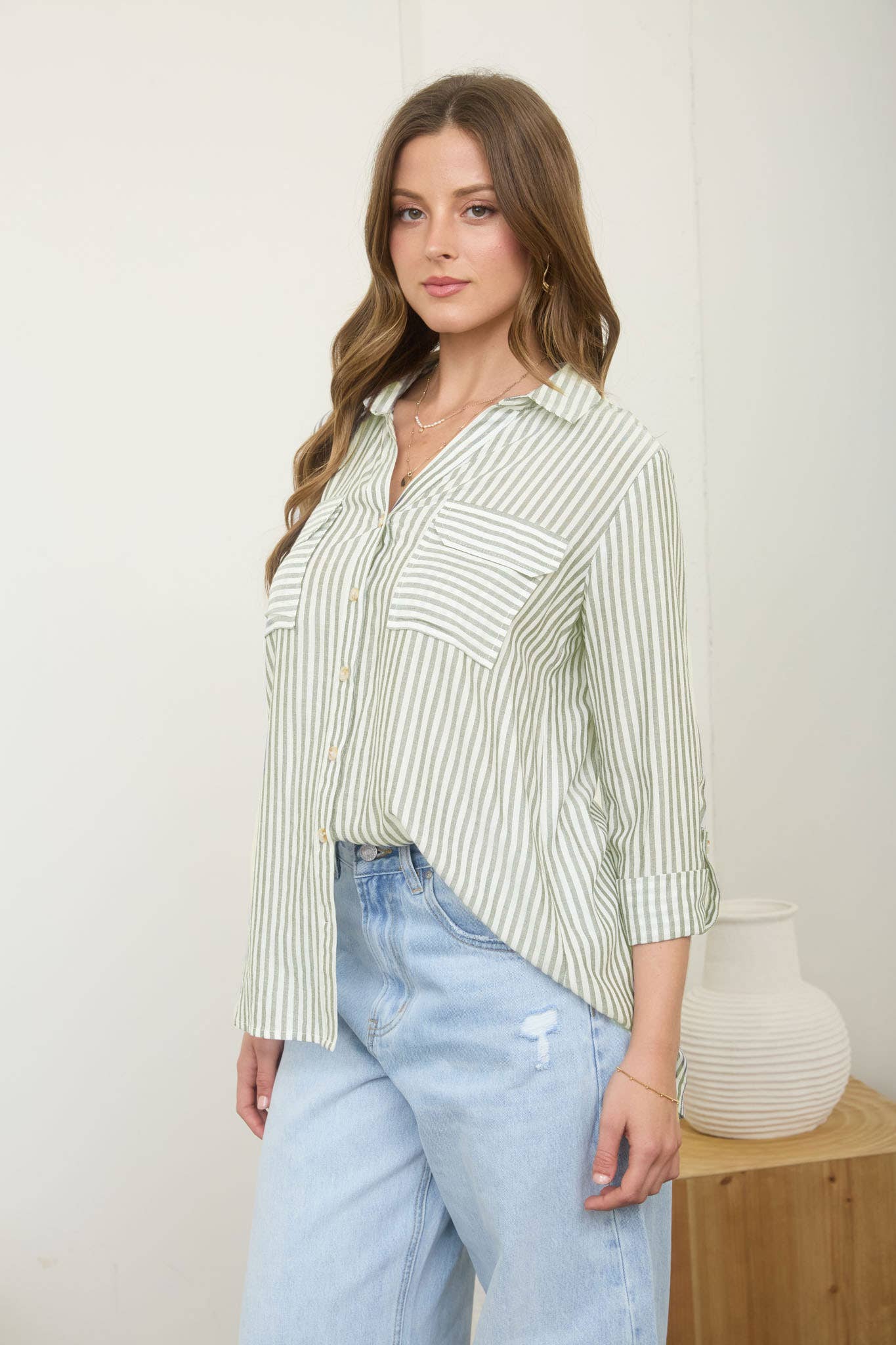 Stripe Collared Button Down Lightweight Shirt : Light Olive
