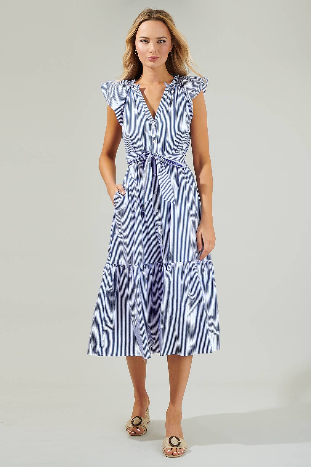 Dynamite Stripped Button Midi Dress in Blue & White Stripe Dynamite Stripped Button Midi Dress in Blue & White Stripe