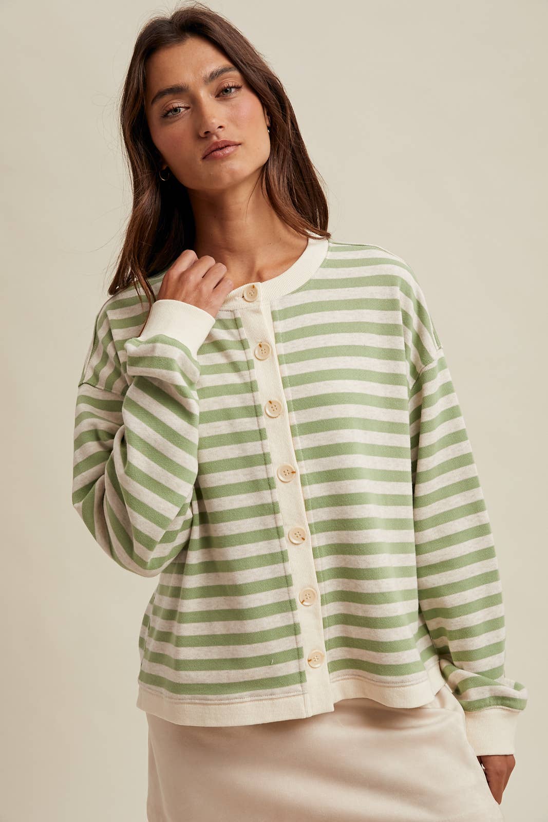 Striped Button Up Knit Cardigan / Sage/Oatmeal