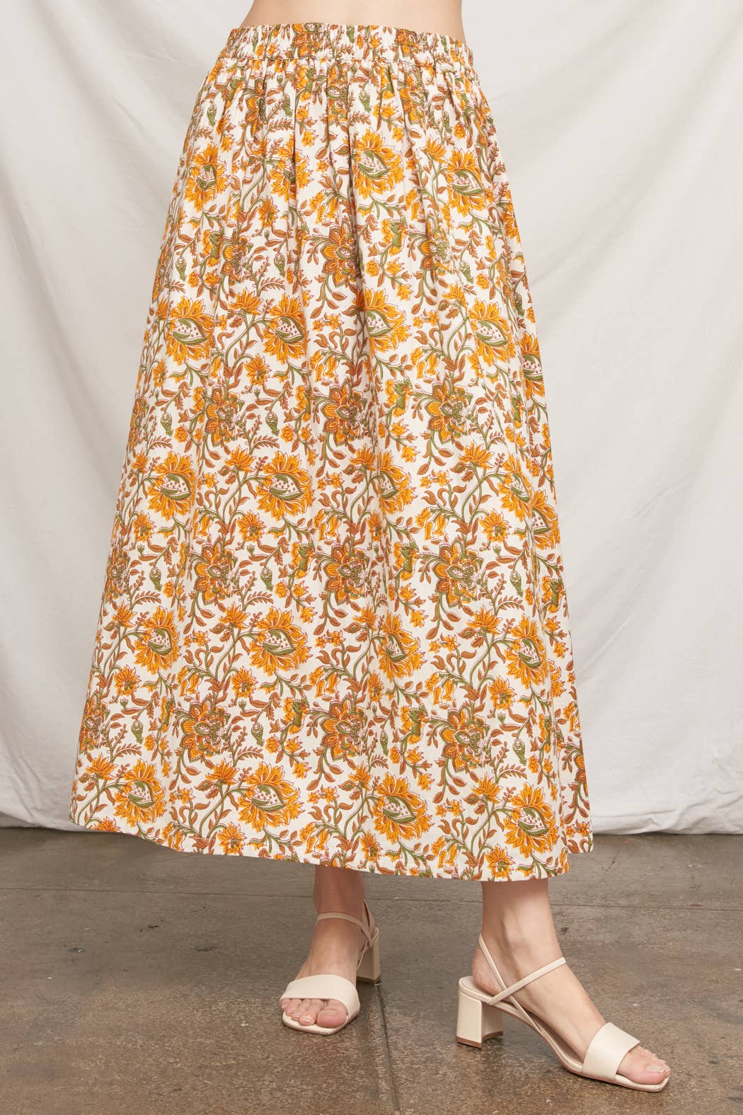 Floral Print Maxi Skirt : Natural Yellow