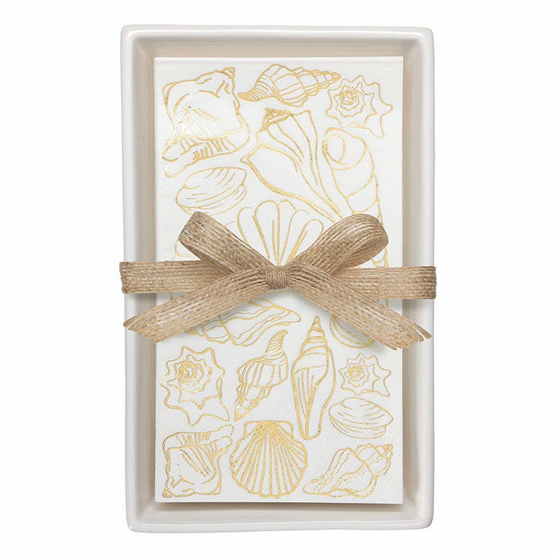 Ceramic Guest Napkin Tray + Napkins - Shells