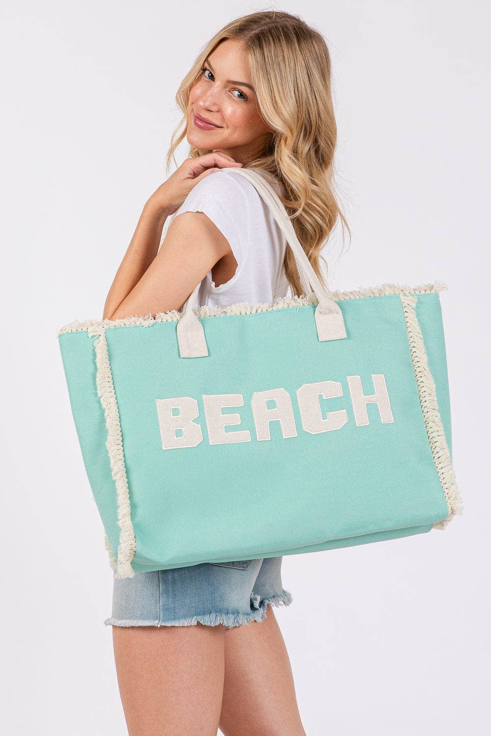 Embroidered Beach Letter Fringe Tote Bag: Mint