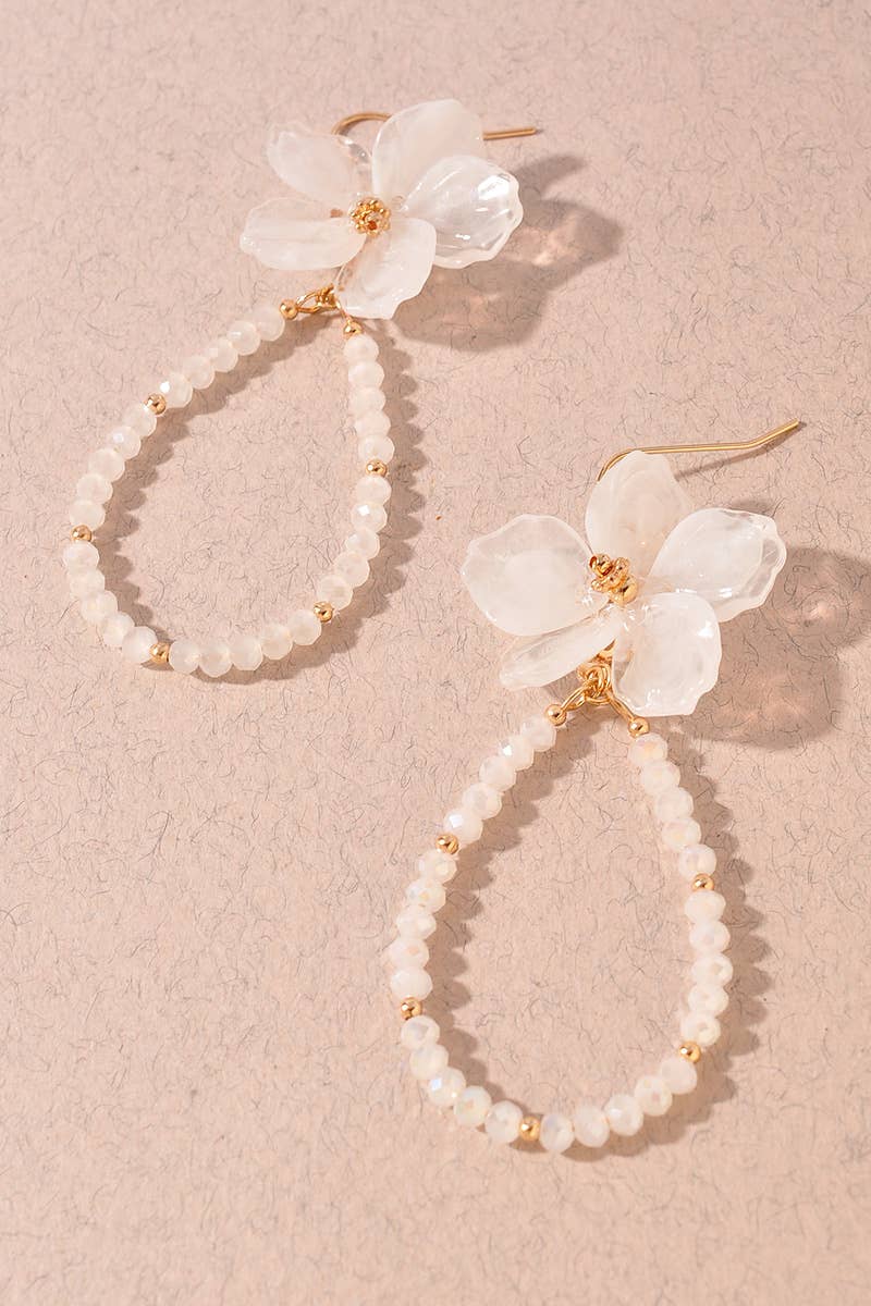 FLORAL BEADED TEARDROP DANGLE EARRINGS: Gold Cream