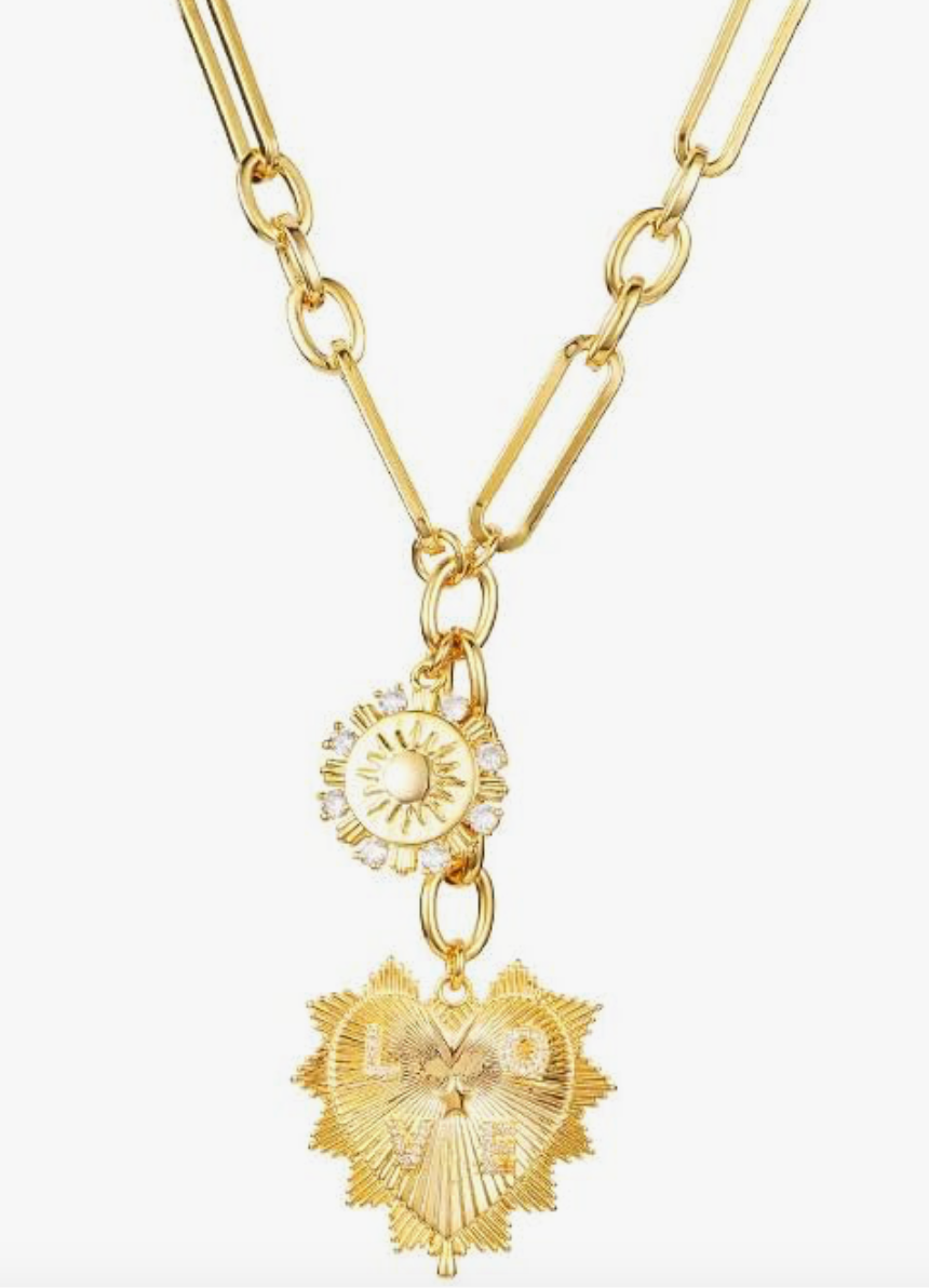HEART Charm-Lariat Necklace 14K CZ- Charm: Yellow Gold NON TARNISH