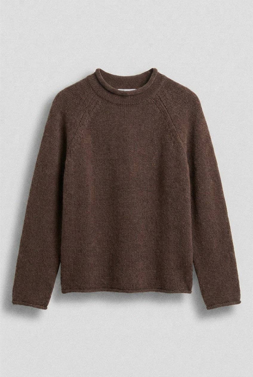 Solid Mock Neck Cotton Knit Sweater: Brown