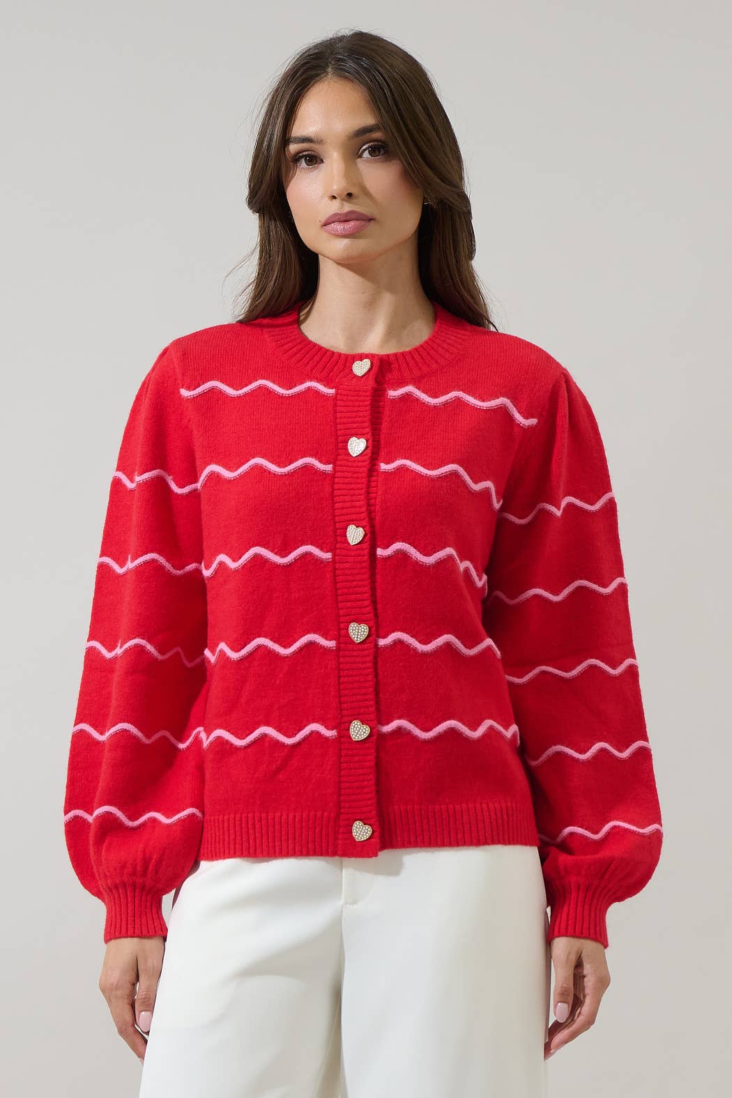 Seniry Wavy Stripe Balloon Sleeve Cardigan: RedPink