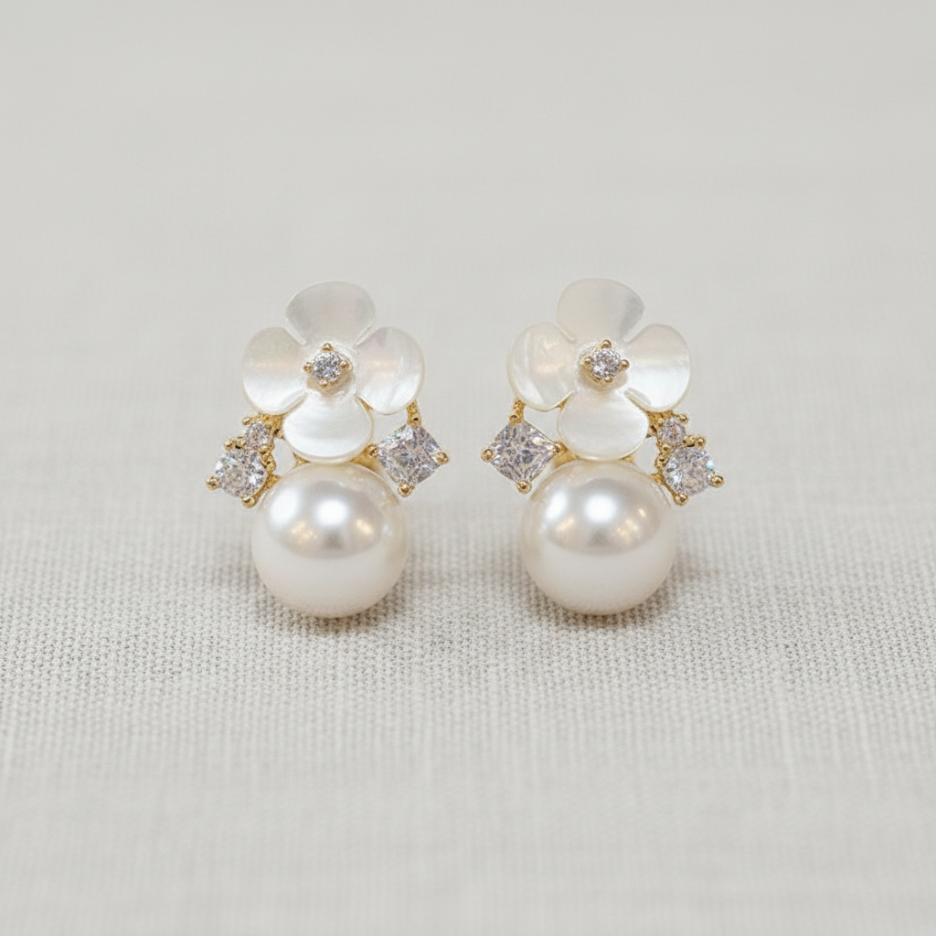 Artistic Floral Pearl Stud Earrings